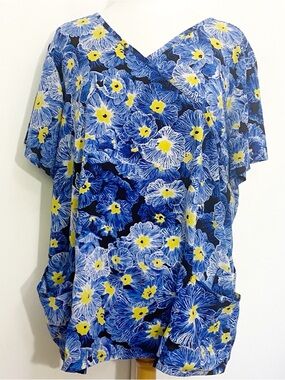 Landau Blue Floral V-Neck Scrub Top  With Yellow Accents 6 Pockets XXL